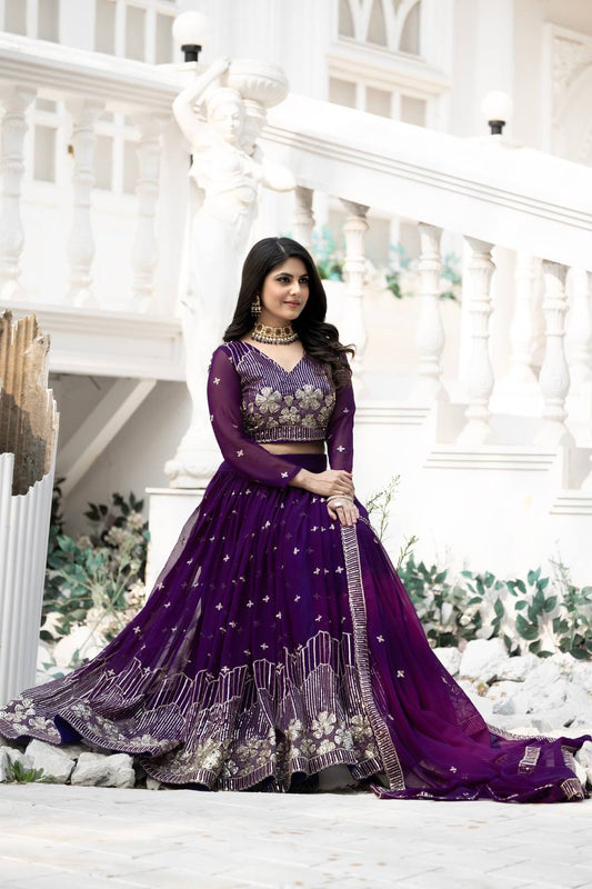 Function Wear Sequence Work Purple Color Georgette Lehenga Choli