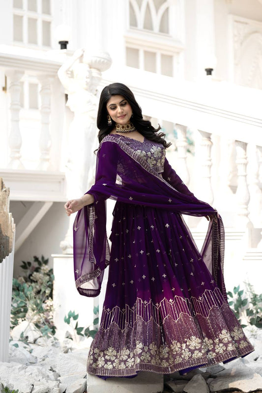 Function Wear Sequence Work Purple Color Georgette Lehenga Choli