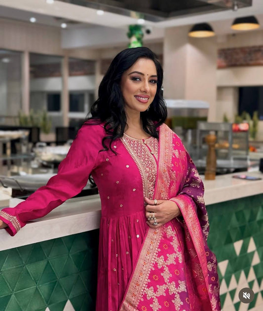 Designer Sequence Work Pink Color Gown With Dupatta