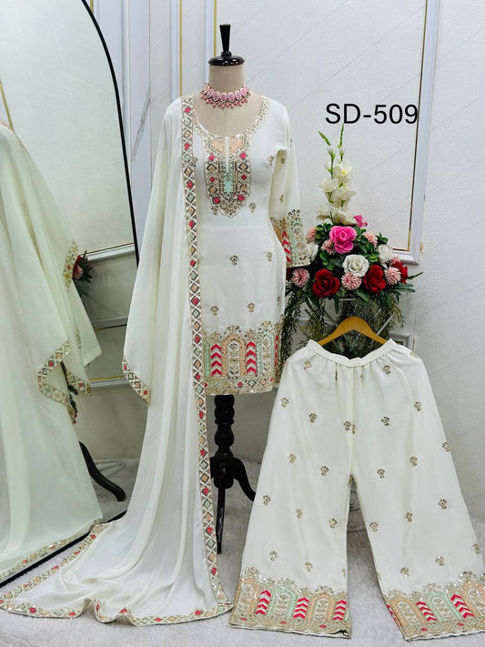 Good Looking Sequence Work White Color Palazzo With Dupatta Set
