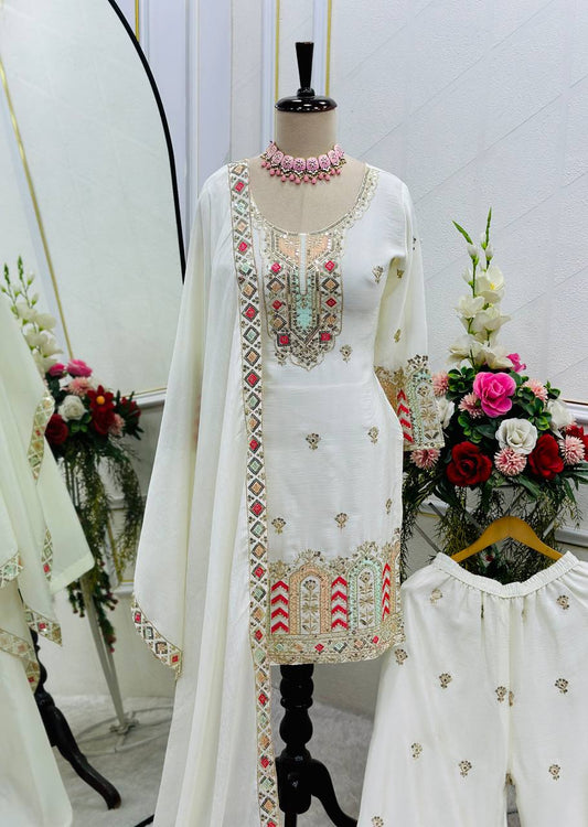 Good Looking Sequence Work White Color Palazzo With Dupatta Set