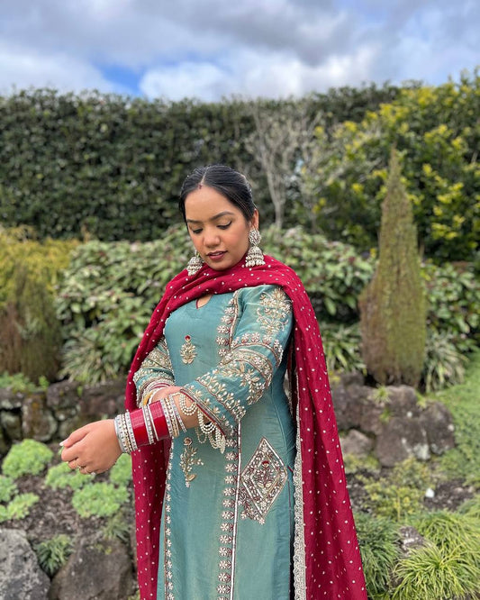 Outstanding Organza Hand Work Sky Blue Color Palazzo Suit