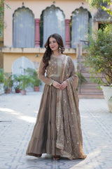 Demanding Georgette Brown Color Lace Work Gown