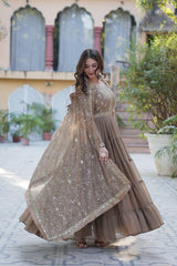 Demanding Georgette Brown Color Lace Work Gown