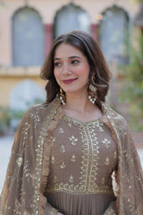 Demanding Georgette Brown Color Lace Work Gown