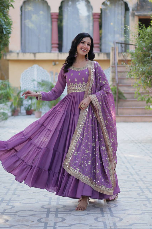 Demanding Georgette Purple Color Lace Work Gown
