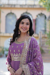 Demanding Georgette Purple Color Lace Work Gown