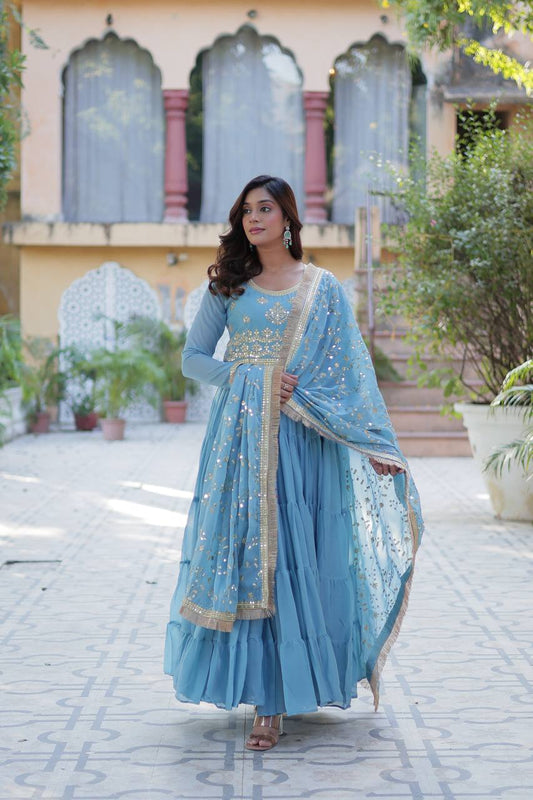 Demanding Georgette Sky Blue Color Lace Work Gown