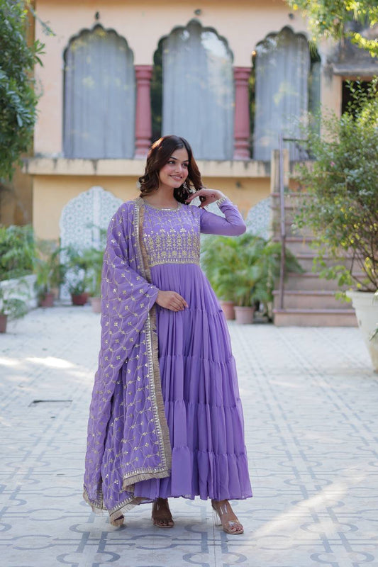 Demanding Georgette Lavender Color Lace Work Gown