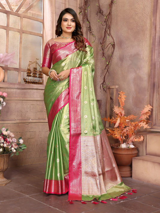 Preferable Tissue Silk Green Color Saree