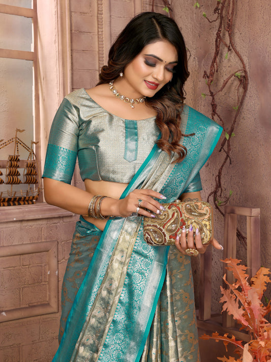 Preferable Tissue Silk Teal Blue Color Saree