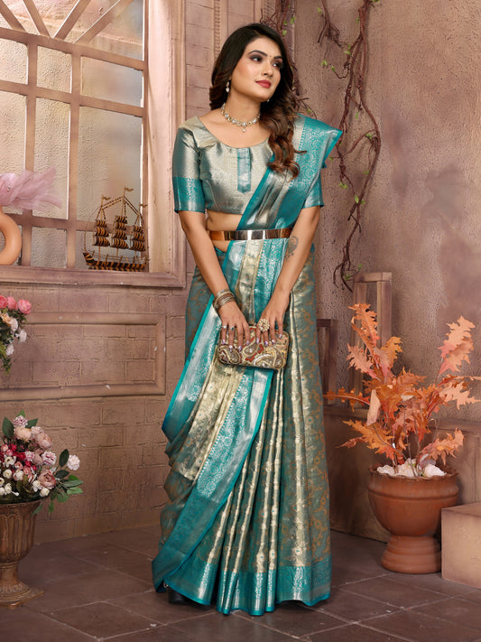 Preferable Tissue Silk Teal Blue Color Saree