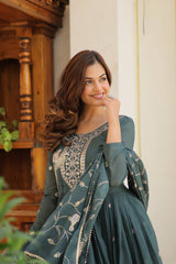 Fantastic Embroidery Work Teal Green Color Long Gown With Dupatta