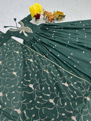 Fantastic Embroidery Work Teal Green Color Long Gown With Dupatta