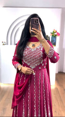 Precious Thread & Sequence Work Pink Color Gown With Dupatta