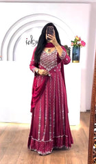 Precious Thread & Sequence Work Pink Color Gown With Dupatta