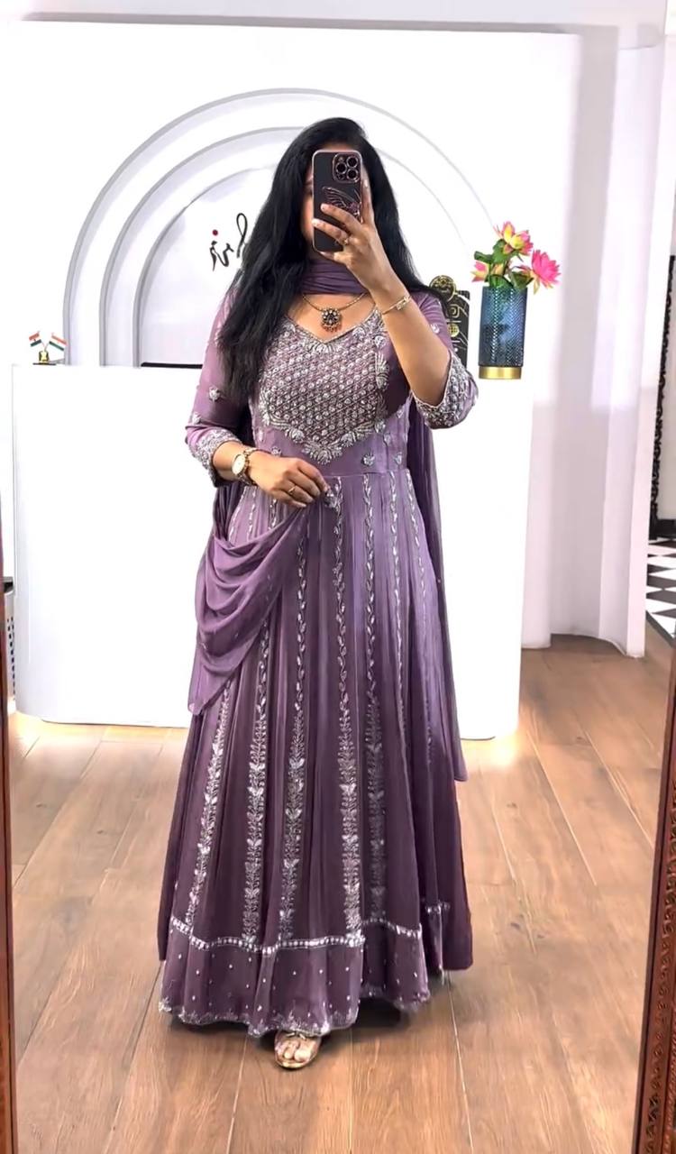 Precious Thread & Sequence Work Lavender Color Gown With Dupatta