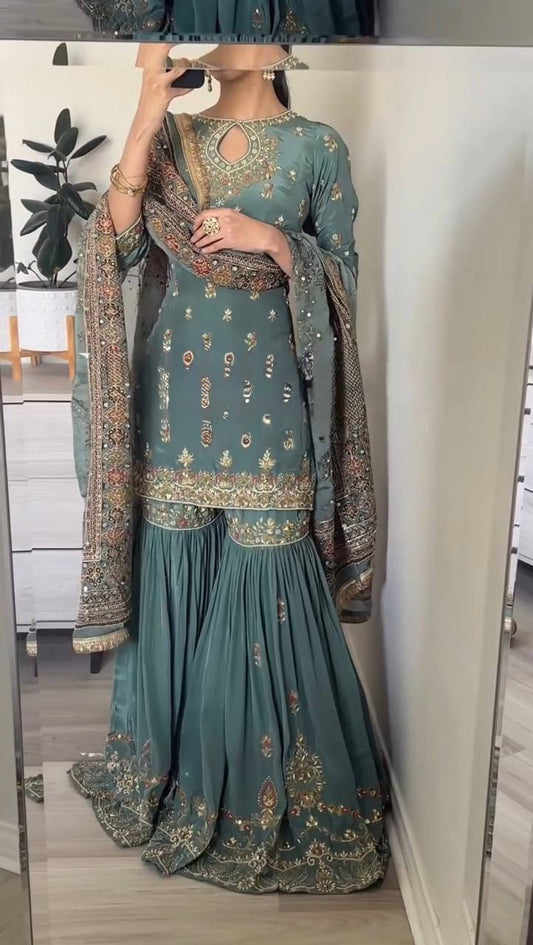 Presenting Sequence Work Teal Blue Color Top Palazzo With Dupatta
