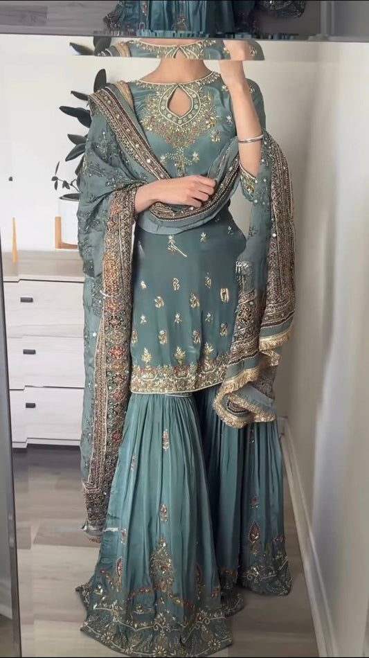 Presenting Sequence Work Teal Blue Color Top Palazzo With Dupatta