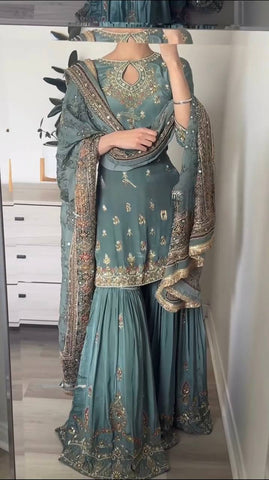 Presenting Sequence Work Teal Blue Color Top Palazzo With Dupatta