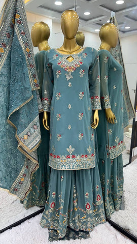 Presenting Sequence Work Teal Blue Color Top Palazzo With Dupatta
