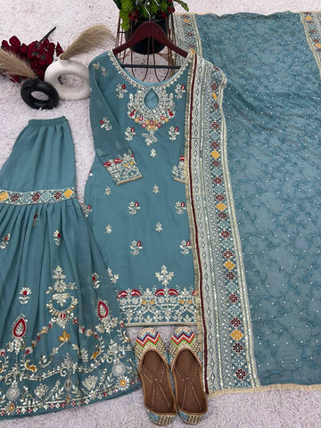 Presenting Sequence Work Teal Blue Color Top Palazzo With Dupatta