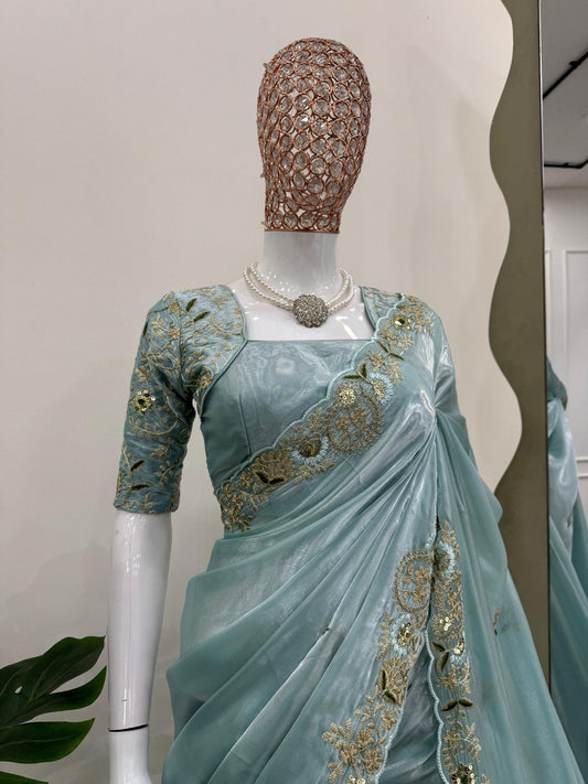 Flattering Sequence work Sky Blue Color Saree