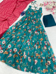Decent Flower Print Blue Color Anarkali Suit