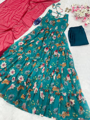 Decent Flower Print Blue Color Anarkali Suit