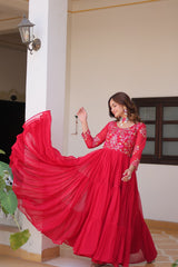 Stylish Sequence Thread Work Red Color Long Gown