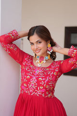 Stylish Sequence Thread Work Red Color Long Gown