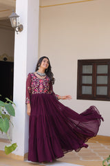 Stylish Sequence Thread Work Wine Color Long Gown