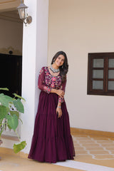 Stylish Sequence Thread Work Wine Color Long Gown