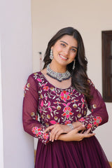 Stylish Sequence Thread Work Wine Color Long Gown