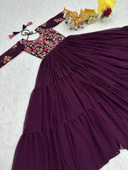 Stylish Sequence Thread Work Wine Color Long Gown