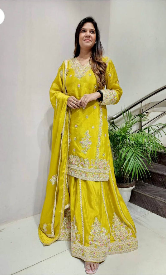 Gorgeous Embroidery Work Yellow Color Sharara Suit