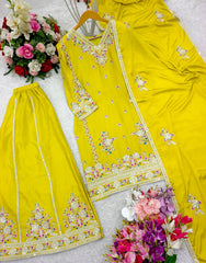 Gorgeous Embroidery Work Yellow Color Sharara Suit