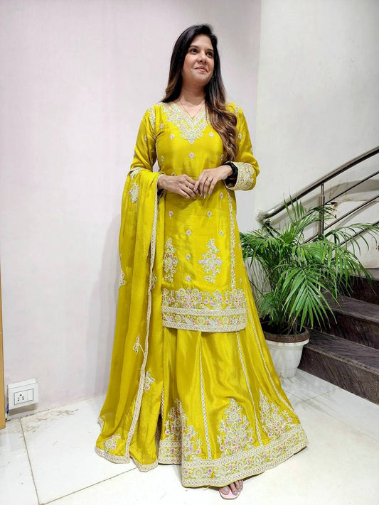 Gorgeous Embroidery Work Yellow Color Sharara Suit