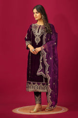 Captivating Velvet Embroidery Work Wine Color Salwar Suit