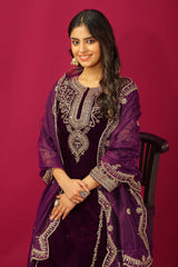 Captivating Velvet Embroidery Work Wine Color Salwar Suit