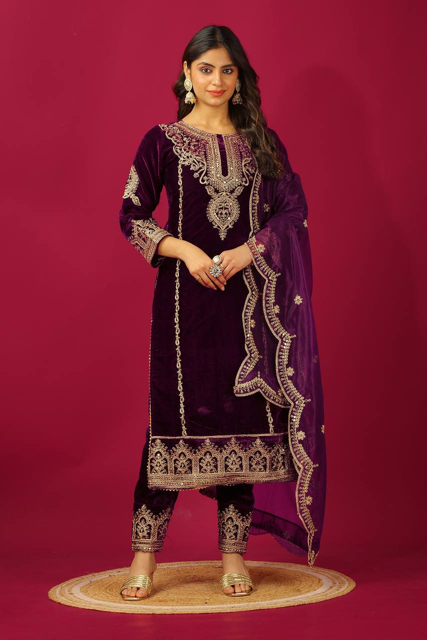 Captivating Velvet Embroidery Work Wine Color Salwar Suit