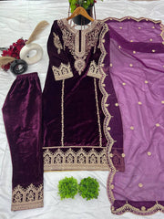 Captivating Velvet Embroidery Work Wine Color Salwar Suit