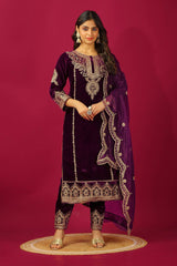 Captivating Velvet Embroidery Work Wine Color Salwar Suit
