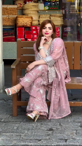 Adorable Sequence Work Light Pink Color Top Palazzo With Dupatta Set