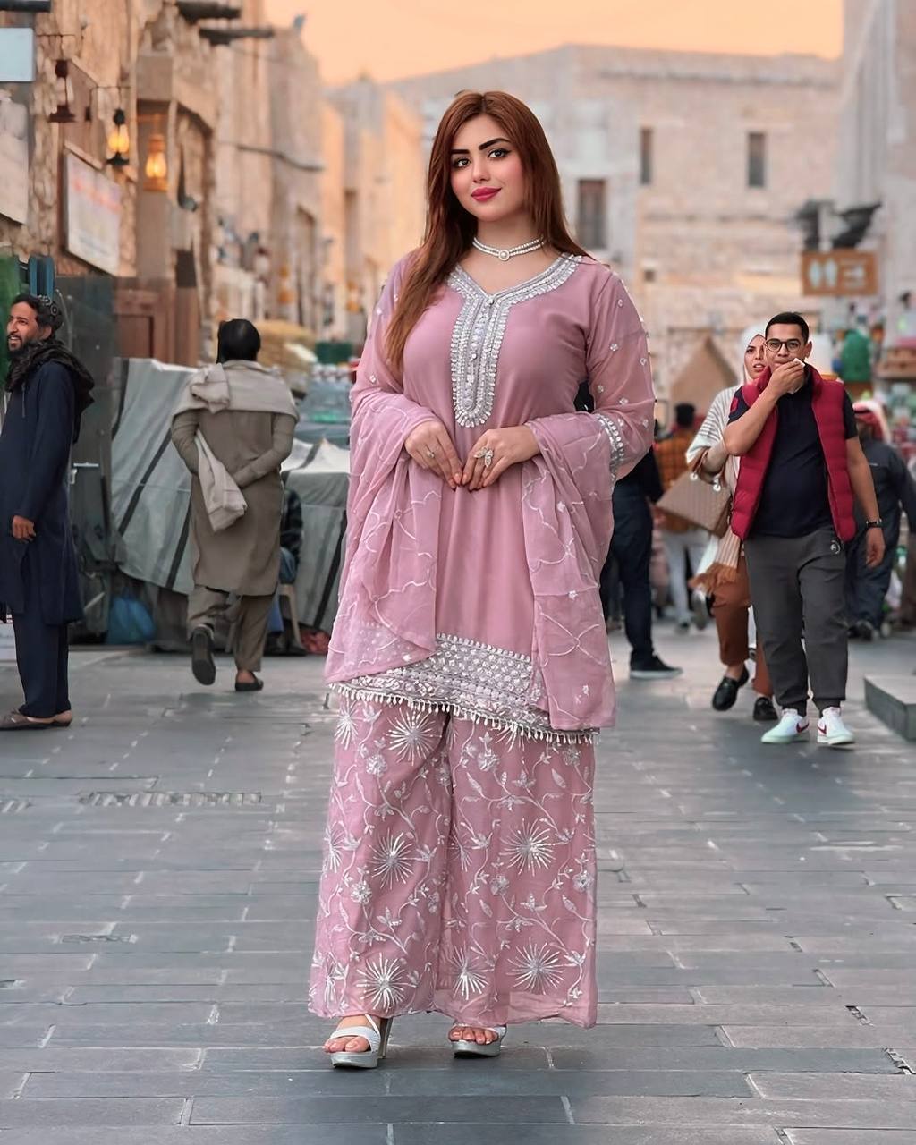 Adorable Sequence Work Light Pink Color Top Palazzo With Dupatta Set