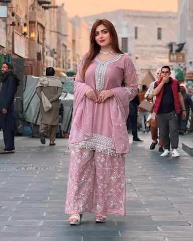 Adorable Sequence Work Light Pink Color Top Palazzo With Dupatta Set