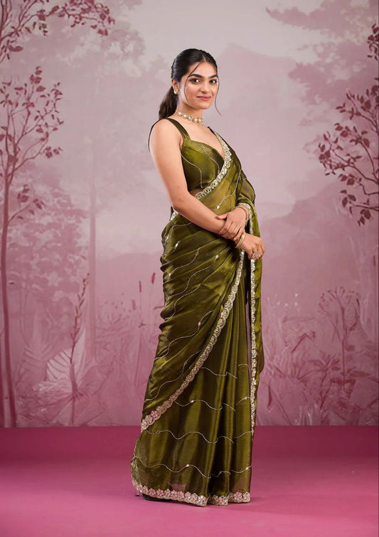 Awesome Glitter Dori Work Green Designer Saree