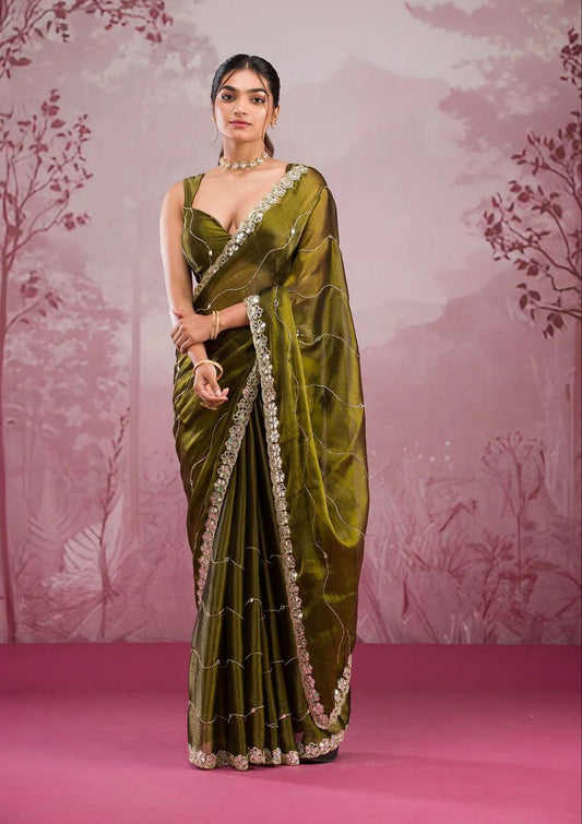 Awesome Glitter Dori Work Green Designer Saree