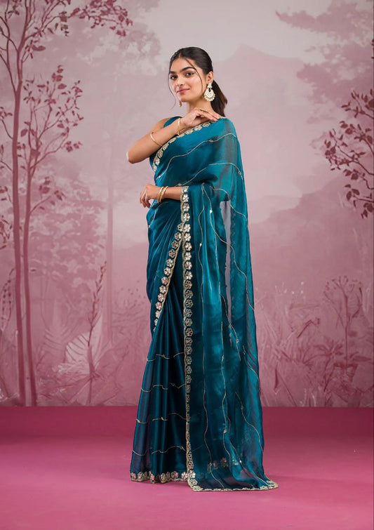 Awesome Glitter Dori Work Blue Designer Saree