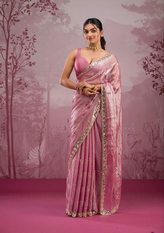 Awesome Glitter Dori Work Pink Color Designer Saree